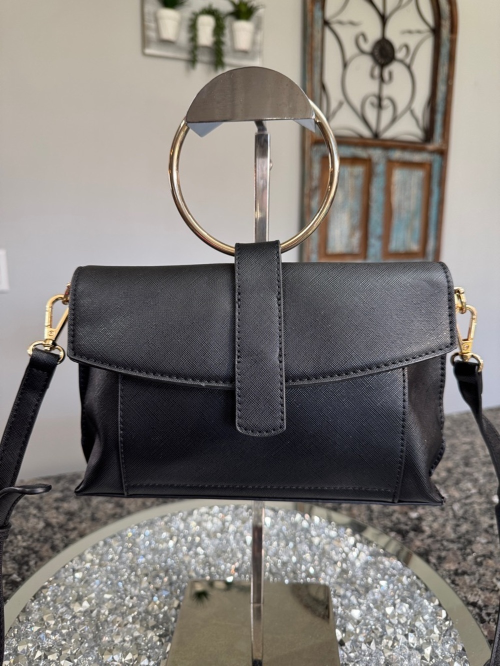 Starlet Black Crossbody Bag with Gold Accents EUC